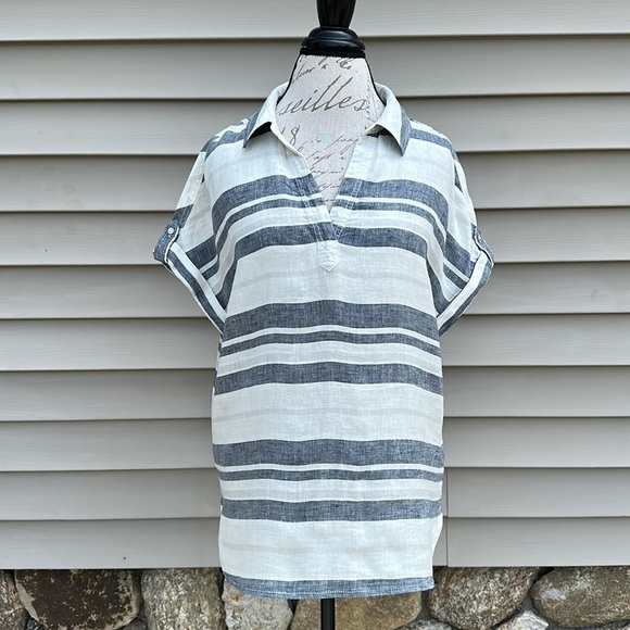 ARTISAN NY Blue and White Striped Linen Popover Tunic - Picture 1 of 11